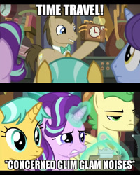 Size: 640x800 | Tagged: safe, edit, edited screencap, screencap, character:citrine spark, character:doctor whooves, character:fire quacker, character:huckleberry, character:november rain, character:starlight glimmer, character:time turner, species:earth pony, species:pegasus, species:pony, species:unicorn, episode:a horse shoe-in, g4, my little pony: friendship is magic, clipboard, clock, concerned, descriptive noise, eyes half closed, field trip, friendship student, glim glam, glowing horn, horn, horse noises, levitation, magic, magic aura, pencil, smiling, telekinesis, text, time travel