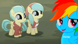 Size: 1366x768 | Tagged: safe, edit, edited screencap, screencap, character:barley barrel, character:pickle barrel, character:rainbow dash, species:pegasus, species:pony, friendship is magic: rainbow roadtrip, g4, my little pony: friendship is magic, barleybetes, barrel twins, barrelbetes, beanie, brother and sister, clothing, color edit, colored, colt, cute, discovery family logo, female, filly, hat, hoodie, male, mare, picklebetes, puppy dog eyes, saturated, siblings, trio, twins