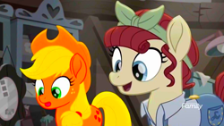 Size: 1366x768 | Tagged: safe, edit, edited screencap, screencap, character:applejack, character:torque wrench, species:earth pony, species:pony, friendship is magic: rainbow roadtrip, g4, my little pony: friendship is magic, atorqueable, clothing, color edit, colored, cowboy hat, cute, duo, female, hat, mare, overalls, saturated
