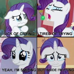 Size: 567x567 | Tagged: safe, edit, edited screencap, screencap, character:rarity, species:pony, species:unicorn, episode:sisterhooves social, episode:the mean 6, g4, my little pony: friendship is magic, caption, comic, crying, female, floppy ears, four panel meme, image macro, smiling, solo, text, wavy mouth