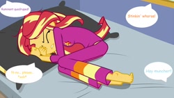 Size: 1280x720 | Tagged: safe, edit, edited screencap, screencap, character:sunset shimmer, episode:wake up!, g4, my little pony: equestria girls, my little pony:equestria girls, spoiler:choose your own ending (season 2), spoiler:eqg series (season 2), abuse, bronybait, bully, bullying, clothing, comic sans, curled up, downvote bait, feet, fetal position, implied applejack, implied rainbow dash, implied sci-twi, irony, midriff, op is a duck, pajamas, reaction image, shimmerbuse, text, text edit, this is bait, verbal abuse, vulgar, we are going to hell