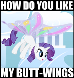 Size: 500x526 | Tagged: safe, edit, edited screencap, screencap, character:rarity, episode:sonic rainboom, g4, my little pony: friendship is magic, butt wings, cloudsdale, cropped, female, flying, glimmer wings, solo, wings