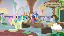 Size: 592x333 | Tagged: safe, edit, edited screencap, screencap, character:doctor whooves, character:fluttershy, character:midnight snack, character:sandbar, character:starlight glimmer, character:summer meadow, character:time turner, species:bird, episode:a horse shoe-in, g4, my little pony: friendship is magic, chalkboard, classroom, cropped, doctor who, erlenmeyer flask, fan, fire flicker, friendship student, pillow, school of friendship, school reunion, scissors, thought bubble, weight