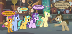Size: 675x315 | Tagged: safe, edit, edited screencap, screencap, character:citrine spark, character:doctor whooves, character:fire quacker, character:huckleberry, character:november rain, character:smolder, character:starlight glimmer, character:time turner, species:dragon, species:pegasus, species:pony, species:unicorn, episode:a horse shoe-in, g4, my little pony: friendship is magic, cropped, cute, doctor who, doctorbetes, dragoness, female, flameless fireworks, friendship student, glimmerbetes, hucklebetes, implied dalek, male, mare, novemberbetes, open mouth, quackerdorable, raised hoof, smolderbetes, stallion