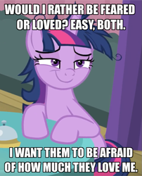 Size: 621x768 | Tagged: safe, edit, edited screencap, screencap, character:twilight sparkle, character:twilight sparkle (alicorn), species:alicorn, species:pony, episode:a trivial pursuit, g4, my little pony: friendship is magic, caption, cropped, fear, female, image macro, lidded eyes, love, messy mane, niccolò machiavelli, solo, text, the office, the prince