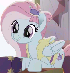 Size: 843x876 | Tagged: safe, edit, edited screencap, screencap, character:kerfuffle, species:pegasus, species:pony, friendship is magic: rainbow roadtrip, g4, my little pony: friendship is magic, amputee, box, color edit, colored, cropped, cute, dawwww, female, fufflebetes, happy, hnnng, mare, prosthetic leg, prosthetic limb, prosthetics, saturated, smiling, solo, weapons-grade cute