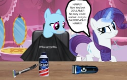 Size: 720x454 | Tagged: safe, edit, edited screencap, screencap, character:rainbow dash, character:rarity, species:pegasus, species:pony, species:unicorn, 1000 hours in ms paint, bald, dialogue, downvote bait, excessive exclamation marks, female, forced haircut, grin, haircut, laughing, magic, mare, razor, sad, shaved, shaved head, shaver, shaving cream, smiling, speech bubble, text