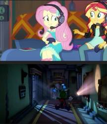 Size: 473x548 | Tagged: safe, edit, edited screencap, screencap, character:fluttershy, character:sunset shimmer, episode:game stream, g4, my little pony: equestria girls, my little pony:equestria girls, spoiler:eqg series (season 2), cropped, flashlight (object), fluttershy plays, hallway, lowres, luigi, luigi's mansion, luigi's mansion 3, luigishy, nervous, nintendo, nintendo switch, playing video games, super mario bros.