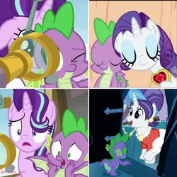 Size: 1080x1080 | Tagged: safe, edit, edited screencap, screencap, character:cookie crumbles, character:rarity, character:spike, character:starlight glimmer, species:dragon, species:pony, ship:sparity, episode:a matter of principals, episode:secret of my excess, episode:the crystal empire, g4, my little pony: friendship is magic, cute, door, eyes closed, female, fire ruby, gem, hands on head, male, mare, open mouth, ruby, scared, shipping, smiling, sombra eyes, spikelove, straight, telescope, winged spike