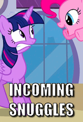 Size: 288x421 | Tagged: safe, edit, edited screencap, screencap, character:pinkie pie, character:twilight sparkle, character:twilight sparkle (alicorn), species:alicorn, species:pony, episode:princess twilight sparkle, g4, my little pony: friendship is magic, caption, cropped, gritted teeth, image macro, pinkie being pinkie, pounce, text, this will end in snuggles