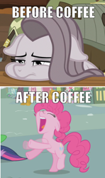 Size: 584x984 | Tagged: safe, edit, edited screencap, screencap, character:pinkie pie, character:spike, character:twilight sparkle, episode:the ticket master, episode:yakity-sax, g4, my little pony: friendship is magic, caption, coffee, hyperactive, image macro, meme, text