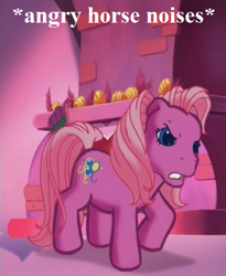 Size: 378x462 | Tagged: safe, edit, edited screencap, screencap, character:pinkie pie (g3), episode:a very minty christmas, g3, angry, angry horse noises, cropped, fireplace, horse noises, horses doing horse things, pinkie pie is not amused, reaction image, stamping hoof, text, unamused