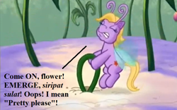 Size: 752x469 | Tagged: safe, edit, edited screencap, screencap, species:breezies, episode:the princess promenade, g3, background breezie, breezish, cropped, flower, frustrated, speech