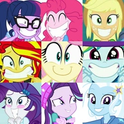 Size: 640x640 | Tagged: safe, edit, screencap, character:applejack, character:fluttershy, character:pinkie pie, character:rainbow dash, character:rarity, character:starlight glimmer, character:sunset shimmer, character:trixie, character:twilight sparkle, character:twilight sparkle (scitwi), species:eqg human, episode:epic fails, eqg summertime shorts, equestria girls:equestria girls, equestria girls:mirror magic, equestria girls:movie magic, equestria girls:rainbow rocks, equestria girls:rollercoaster of friendship, g4, my little pony: equestria girls, my little pony:equestria girls, spoiler:eqg specials, big smile, cute, dashabetes, diapinkes, diatrixes, faec, glimmerbetes, happyshy, humane five, humane nine, humane seven, humane six, jackabetes, mane nine, photobombing trixie, rainbow dash is best facemaker, raribetes, sci-twi is best facemaker, shimmerbetes, shyabetes, teeth, twiabetes