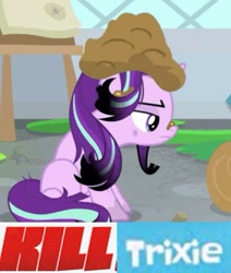 Size: 401x473 | Tagged: safe, edit, edited screencap, screencap, character:starlight glimmer, species:pony, species:unicorn, episode:a horse shoe-in, g4, my little pony: friendship is magic, caption, cropped, expand dong, exploitable meme, female, image macro, meme, messy mane, mud, signed, sitting, solo, text