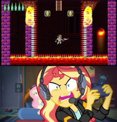 Size: 1920x1995 | Tagged: safe, edit, screencap, character:fluttershy, character:sunset shimmer, episode:game stream, g4, my little pony: equestria girls, my little pony:equestria girls, spoiler:eqg series (season 2), angry video game nerd, psycho gamer sunset, sunset shimmer frustrated at game