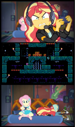 Size: 576x972 | Tagged: safe, edit, screencap, character:fluttershy, character:sunset shimmer, episode:game stream, g4, my little pony: equestria girls, my little pony:equestria girls, spoiler:eqg series (season 2), micro mages, psycho gamer sunset, sunset shimmer frustrated at game