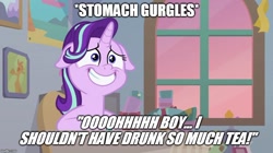 Size: 888x499 | Tagged: safe, edit, edited screencap, screencap, character:starlight glimmer, species:pony, episode:student counsel, adventure time, female, floppy ears, grin, meme, potty emergency, potty time, reference, smiling, solo, starlight glimmer is best facemaker, stomach noise, teabag, teacups