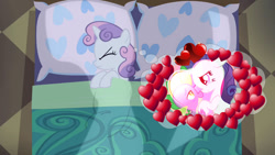 Size: 1024x576 | Tagged: safe, edit, edited screencap, screencap, character:rarity, character:spike, species:dragon, species:pony, species:unicorn, ship:sparity, bed, blanket, dream, female, filly, heart, implied shipping, implied spikebelle, implied straight, jealous, male, mare, pillow, shipping, sleeping, straight