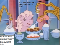 Size: 757x567 | Tagged: safe, edit, edited screencap, screencap, character:lickety split, episode:somnambula, g1, my little pony 'n friends, dialogue, food, horse colic, ice cream, implied somnambula (g1), inset, machine, reality ensues, text, this will end in tummy aches, this will end in weight gain