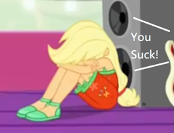 Size: 519x396 | Tagged: safe, edit, edited screencap, screencap, character:applejack, equestria girls:spring breakdown, g4, my little pony: equestria girls, my little pony:equestria girls, spoiler:eqg series (season 2), abuse, background pony strikes again, downvote bait, jackabuse, op is a duck, op is trying to start shit, sad