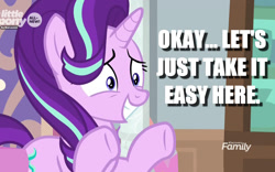 Size: 1280x800 | Tagged: safe, edit, edited screencap, screencap, character:starlight glimmer, episode:the beginning of the end, g4, my little pony: friendship is magic, caption, discovery family logo, female, image macro, nervous, solo, text