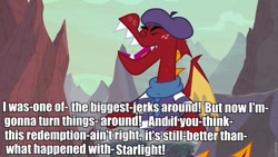 Size: 800x450 | Tagged: safe, edit, edited screencap, screencap, character:garble, species:dragon, episode:sweet and smoky, g4, my little pony: friendship is magic, caption, drama, image macro, meme, op is a duck, solo, starlight drama, text