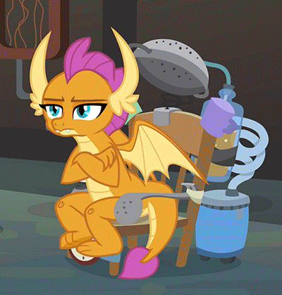 Size: 400x418 | Tagged: safe, edit, edited screencap, screencap, character:smolder, species:dragon, episode:a horse shoe-in, g4, my little pony: friendship is magic, animated, asking, claws, cropped, crossed arms, crossed legs, disappointed, dragoness, fangs, female, frown, gif, glare, hand on chin, horns, invention, laboratory, pouting, raised eyebrow, shrug, smolder is not amused, solo, spread wings, teenaged dragon, teenager, toes, unamused, wings