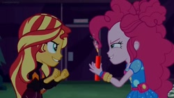 Size: 1229x691 | Tagged: safe, edit, edited screencap, screencap, character:pinkie pie, character:sunset shimmer, equestria girls:sunset's backstage pass, g4, my little pony: equestria girls, my little pony:equestria girls, spoiler:eqg series (season 2), clothing, dynamite, explosives