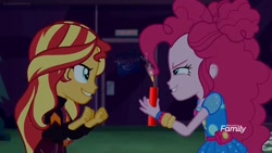 Size: 1216x684 | Tagged: safe, edit, edited screencap, screencap, character:pinkie pie, character:sunset shimmer, equestria girls:sunset's backstage pass, g4, my little pony: equestria girls, my little pony:equestria girls, spoiler:eqg series (season 2), clothing, dynamite, evil grin, explosives, grin, hasbro, smiling, the end of equestria girls, this will end in death, this will end in tears, this will end in tears and/or death, this will not end well