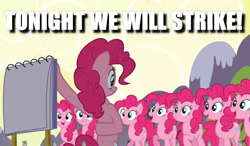 Size: 761x443 | Tagged: safe, edit, edited screencap, screencap, character:pinkie pie, species:earth pony, species:pony, episode:too many pinkie pies, g4, my little pony: friendship is magic, caption, clones, female, image macro, mare, multeity, plan, text