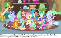 Size: 1024x648 | Tagged: safe, edit, edited screencap, screencap, character:berry blend, character:berry bliss, character:clementine, character:fluttershy, character:gallus, character:november rain, character:ocellus, character:peppermint goldylinks, character:sandbar, character:silverstream, character:smolder, character:yona, species:bird, species:changedling, species:changeling, species:dragon, species:griffon, species:hippogriff, species:pony, species:rabbit, species:reformed changeling, species:yak, spoiler:interseason shorts, animal, blissabetes, bow, cute, diaocelles, diastreamies, female, friendship student, gallabetes, giraffe, male, mane bow, novemberbetes, peppermint adoralinks, pillow, rug, sandabetes, school of friendship, shyabetes, skunk, smolderbetes, sulfur, teacher of the month (episode), text, this could have ended in tears, yonadorable