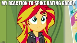 Size: 1904x1064 | Tagged: safe, edit, edited screencap, screencap, character:sunset shimmer, episode:dragon dropped, equestria girls:rainbow rocks, g4, my little pony: equestria girls, my little pony: friendship is magic, my little pony:equestria girls, caption, emotionless, female, image macro, implied gabby, implied shipping, implied spabby, implied spike, implied straight, male, solo, text