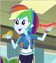 Size: 824x932 | Tagged: safe, edit, edited screencap, screencap, character:rainbow dash, episode:overpowered, g4, my little pony: equestria girls, my little pony:equestria girls, clothing, cropped, female, food, geode of super speed, hot dog, magical geodes, meat, mustard, sauce, sausage, solo