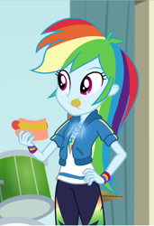 Size: 704x1032 | Tagged: safe, edit, edited screencap, screencap, character:rainbow dash, episode:overpowered, g4, my little pony: equestria girls, my little pony:equestria girls, chewing, clothing, cropped, eating, female, food, geode of super speed, hot dog, magical geodes, meat, messy eating, mustard, sauce, sausage, solo