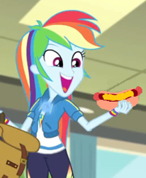 Size: 238x289 | Tagged: safe, edit, edited screencap, screencap, character:rainbow dash, episode:overpowered, g4, my little pony: equestria girls, my little pony:equestria girls, backpack, cheese, chili, chili dog, chilli, clothing, cropped, female, food, geode of super speed, hot dog, magical geodes, meat, ponytail, sausage
