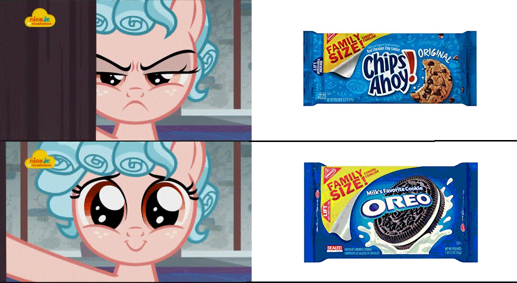 Size: 1052x576 | Tagged: safe, edit, screencap, character:cozy glow, episode:school raze, g4, my little pony: friendship is magic, chips ahoy, cookie, cozy glow is not amused, cozybetes, cute, door, female, food, frown, glare, happy, logo, nick jr., oreo, smiling, solo