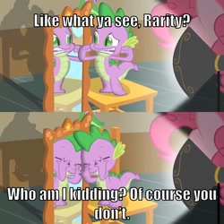 Size: 710x710 | Tagged: safe, edit, edited screencap, screencap, character:pinkie pie, character:spike, species:dragon, species:pony, episode:party of one, g4, my little pony: friendship is magic, ashamed, embarrassed, female, funny, interrogation, looking good spike, male, mare, meme, mirror, nervous, poor spike, spotlight