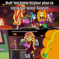 Size: 710x710 | Tagged: safe, edit, edited screencap, screencap, character:adagio dazzle, character:aria blaze, character:sonata dusk, character:sunset shimmer, equestria girls:sunset's backstage pass, g4, my little pony: equestria girls, my little pony:equestria girls, spoiler:eqg series (season 2), bread, caught, female, food, funny, guilty, meme, pointing, the dazzlings, toast, vulgar