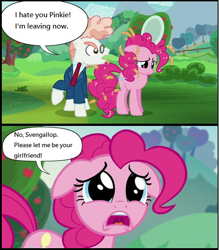 Size: 484x552 | Tagged: safe, edit, edited screencap, screencap, character:pinkie pie, character:svengallop, episode:the mane attraction, g4, my little pony: friendship is magic, apple tree, comic, crying, floppy ears, food, oats, op is a duck, op is trying to start shit, sad, ship sinking, svenpie, tree