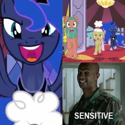 Size: 710x710 | Tagged: safe, edit, screencap, character:princess luna, character:starlight glimmer, species:alicorn, species:pony, episode:a royal problem, g4, my little pony: friendship is magic, army, exploitable meme, female, funny, male, meme, memeception, scared, smiling, yelling