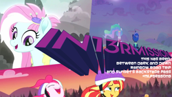 Size: 1152x648 | Tagged: safe, edit, edited screencap, screencap, character:kerfuffle, character:pinkie pie, character:princess celestia, character:princess luna, character:sunset shimmer, episode:between dark and dawn, equestria girls:sunset's backstage pass, friendship is magic: rainbow roadtrip, g4, my little pony: equestria girls, my little pony: friendship is magic, my little pony:equestria girls, spoiler:eqg series (season 2), 3d words, mlp s9 countdown, photoshop
