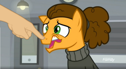Size: 1672x921 | Tagged: safe, edit, edited screencap, screencap, character:cheese sandwich, species:pony, episode:the last laugh, g4, my little pony: friendship is magic, boop, boop edit, finger, forced smile, hand