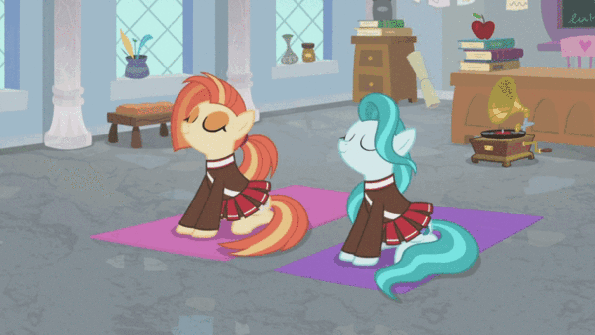 Size: 1200x675 | Tagged: safe, edit, edited screencap, screencap, character:lighthoof, character:shimmy shake, species:earth pony, species:pony, episode:2-4-6 greaaat, animated, cheerleader, clothing, downward dog, duo, duo female, female, gramophone, implied molestation, jojo's bizarre adventure, mare, meme, pleated skirt, skirt, stretching, surprised, to be continued, to be continued (meme), wide eyes