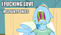 Size: 720x410 | Tagged: safe, edit, edited screencap, screencap, character:rainbow dash, species:pegasus, species:pony, episode:read it and weep, g4, my little pony: friendship is magic, bed, caption, female, hospital, hospital bed, mare, mspaintponies, mspaintponies fanart, solo, vulgar