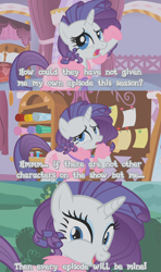 Size: 850x1434 | Tagged: safe, edit, edited screencap, screencap, character:rarity, episode:suited for success, g4, my little pony: friendship is magic, bathrobe, clothing, comic, female, robe, screencap comic, season 3, slippers, solo, text