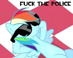 Size: 440x353 | Tagged: safe, edit, edited screencap, screencap, character:rainbow dash, species:pegasus, species:pony, episode:lesson zero, g4, my little pony: friendship is magic, female, fuck the police, mare, on back, picnic, picnic blanket, solo, spread wings, sunglasses, vulgar, wings