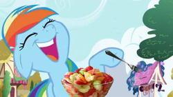 Size: 1365x768 | Tagged: safe, edit, edited screencap, screencap, character:rainbow dash, episode:friendship is magic, g4, my little pony: friendship is magic, female, fork, fruit, fruit salad, herbivore, laughing, ponies laughing with fruit salad, reaction image, solo, well