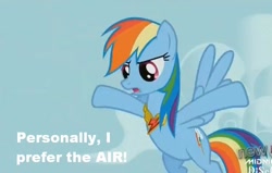 Size: 721x459 | Tagged: safe, edit, edited screencap, screencap, character:rainbow dash, species:pegasus, species:pony, episode:keep calm and flutter on, g4, my little pony: friendship is magic, spoiler:s03, blue coat, caption, cloud, cutie mark, element of loyalty, falco lombardi, flying, raised hooves, star fox