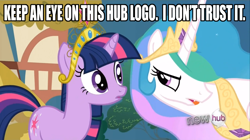 Size: 1024x575 | Tagged: safe, edit, edited screencap, screencap, character:princess celestia, character:twilight sparkle, character:twilight sparkle (unicorn), species:alicorn, species:pony, species:unicorn, episode:keep calm and flutter on, g4, my little pony: friendship is magic, all new, big crown thingy, breaking the fourth wall, caption, crown, female, funny, hub logo, image macro, jewelry, looking at each other, mare, meme, op is a slowpoke, ponyville, regalia, text